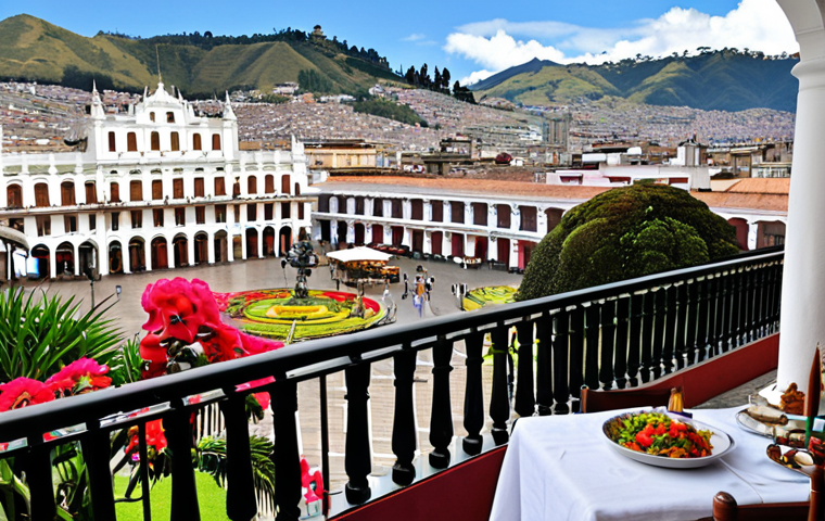 **
"Hôtel Plaza Grande, Quito. Colonial architecture, Independence Plaza, flowered balconies, Ecuadorian cuisine, panoramic terrace view of Quito, luxury."
**