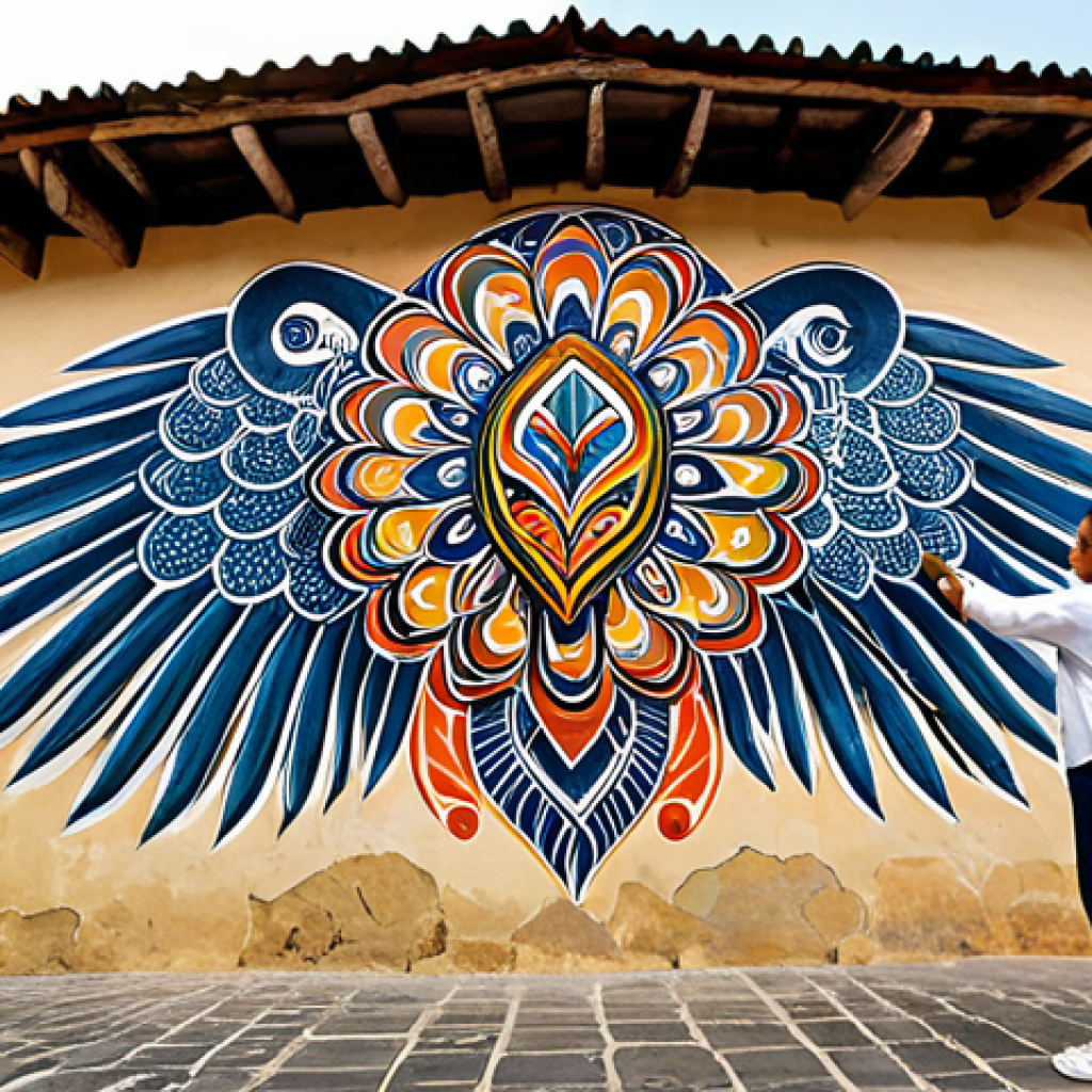 A professional Ecuadorian artist, fully clothed in modest, practical work attire including a long-sleeved shirt and durable pants, is meticulously painting a large-scale mural on an ancient, textured stone wall in a picturesque historical street of Cuenca. The mural beautifully fuses traditional pre-Columbian motifs, such as a stylized condor and intricate geometric indigenous patterns, with a contemporary street art aesthetic. The artist is captured in a natural, focused pose, with their well-formed hands holding a paintbrush. The background features charming colonial architecture with ornate iron balconies, bathed in soft, natural lighting. Perfect anatomy, correct proportions, proper finger count, natural body proportions. High-resolution, professional photography, vibrant colors. Safe for work, appropriate content, fully clothed, modest, family-friendly.