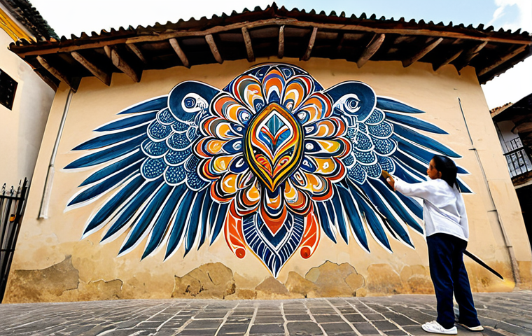 A professional Ecuadorian artist, fully clothed in modest, practical work attire including a long-sleeved shirt and durable pants, is meticulously painting a large-scale mural on an ancient, textured stone wall in a picturesque historical street of Cuenca. The mural beautifully fuses traditional pre-Columbian motifs, such as a stylized condor and intricate geometric indigenous patterns, with a contemporary street art aesthetic. The artist is captured in a natural, focused pose, with their well-formed hands holding a paintbrush. The background features charming colonial architecture with ornate iron balconies, bathed in soft, natural lighting. Perfect anatomy, correct proportions, proper finger count, natural body proportions. High-resolution, professional photography, vibrant colors. Safe for work, appropriate content, fully clothed, modest, family-friendly.
