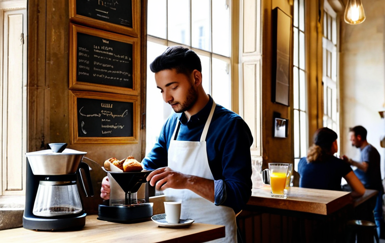 에콰도르 커피 맛집 - **

A cozy Parisian coffee shop in Le Marais, sunlight streaming through the window, showcasing a ba...